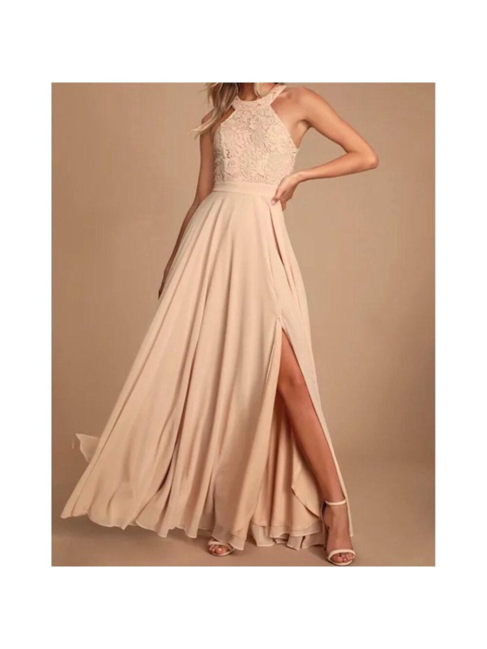 NWT Lulus Picture Perfect Blush Lace Halter Neck Side Slit Maxi Dress - Size: XL - Picture 1 of 7